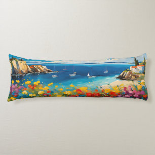 Wide Seascape Mediterranean Yachts and Flowers Body Cushion