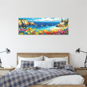 Wide Seascape Mediterranean Yachts and Flowers Canvas Print