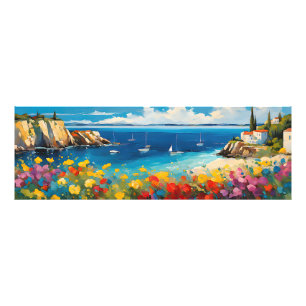 Wide Seascape Mediterranean Yachts and Flowers Photo Print