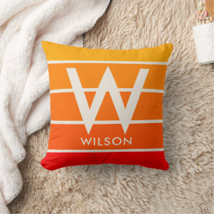 Wide Sunrise Red Orange Stripe Monogram Cushion