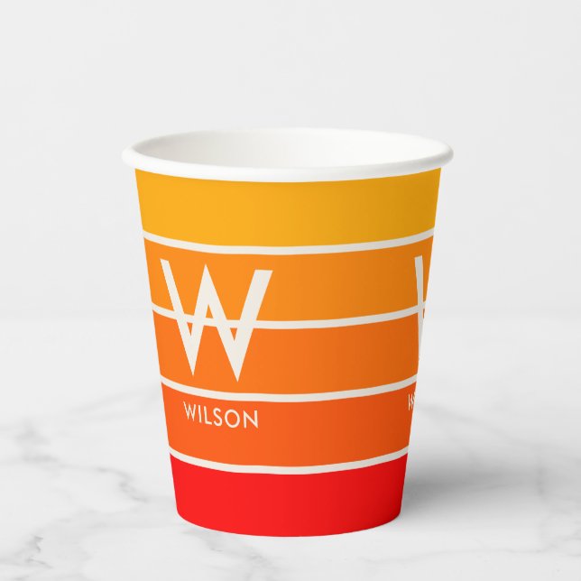 Wide Sunrise Striped Monogram Personal Party Paper Cups (Front)