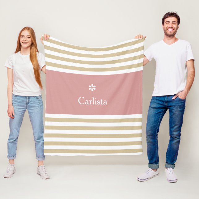 Wide Tan Horizontal Stripes Pink Name and Daisy Fleece Blanket (In Situ)