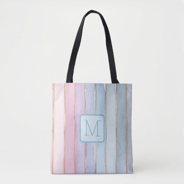 Wide Vertical Stripes Blues Color Block Monogram Tote Bag (Front)