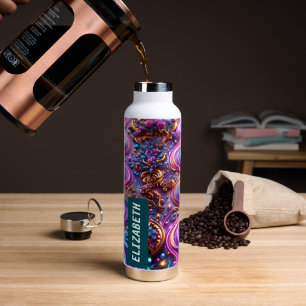 Wide wavy lines in girly colours with name water bottle