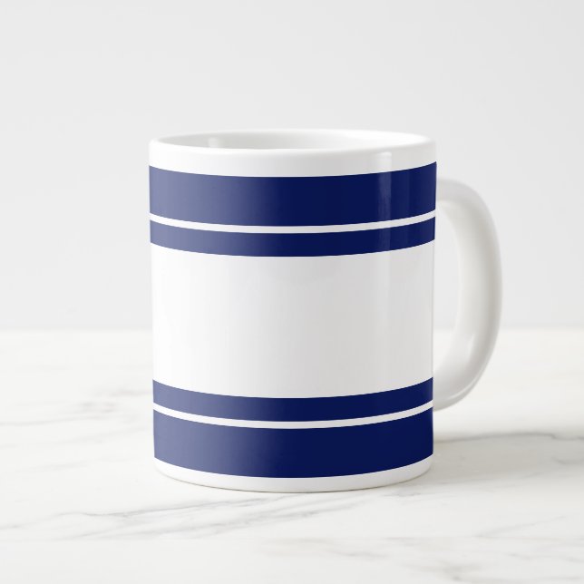 Wide White Nautical Racing Stripes On Navy Blue Large Coffee Mug (Front Right)