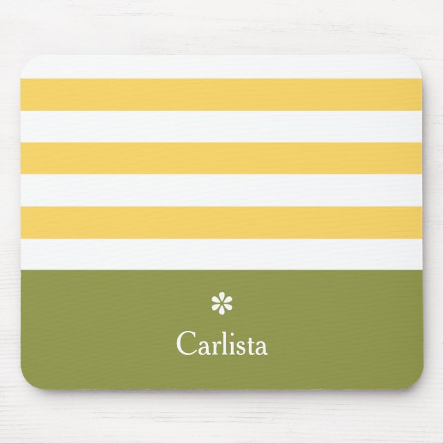 Wide Yellow Horizontal Stripes Green Name Daisy Mouse Pad (Front)