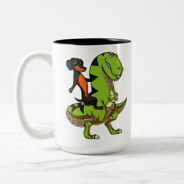 Wiener Dog Dachshund Riding T-Rex Dinosaur Two-Tone Coffee Mug (Left)