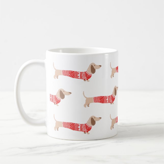 Wiener Dog Red Christmas Sweater Pattern Holiday Coffee Mug (Left)