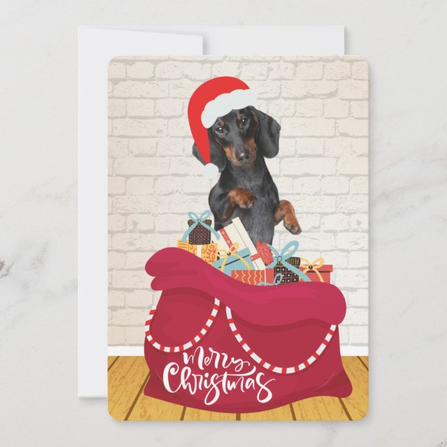 Wiener Dog Santa Hat Bag Gifts Christmas  Holiday Card (Front)
