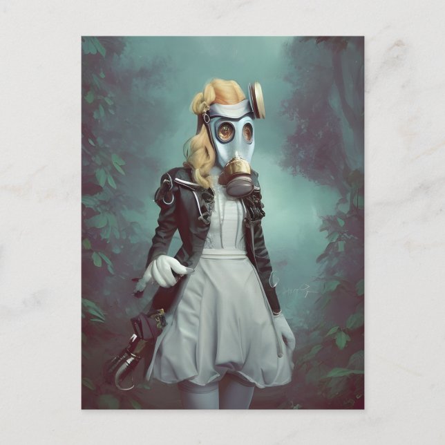 Wierd Alice in a Gas Mask post apocalyptic fantasy Postcard (Front)