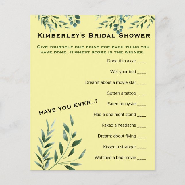 Wierdest Question Game Bridal Shower Activity (Front)