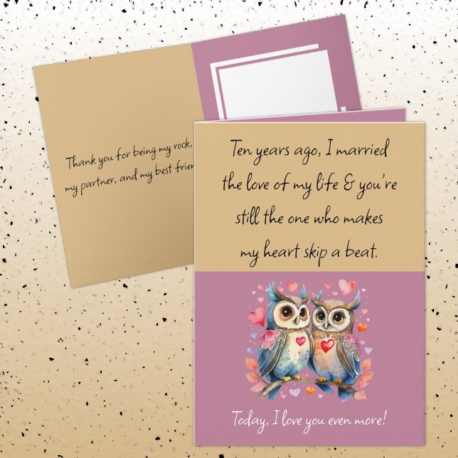 Wife 10th Anniversary owls gold pink Card (Creator Uploaded)