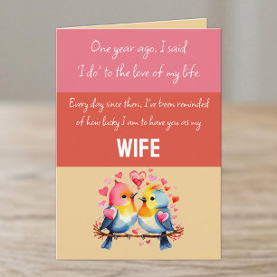 Wife 1st Anniversary pink red cute birds Card