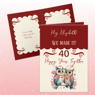 Wife 40th anniversary owls maroon pink card