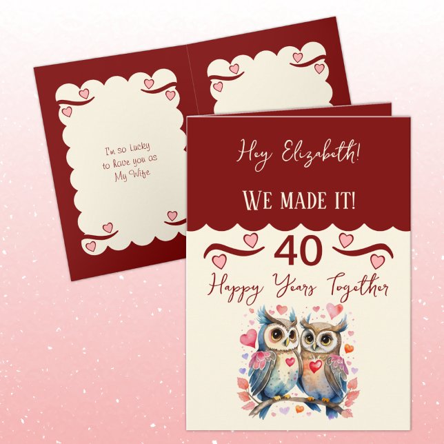 Wife 40th anniversary owls maroon pink card (Creator Uploaded)