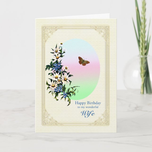 Wife Birthday Flowers and Butterfly Card (Front)
