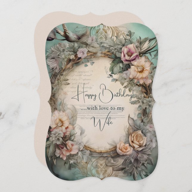 Wife Birthday Vintage Flowers and Birds (Front/Back)