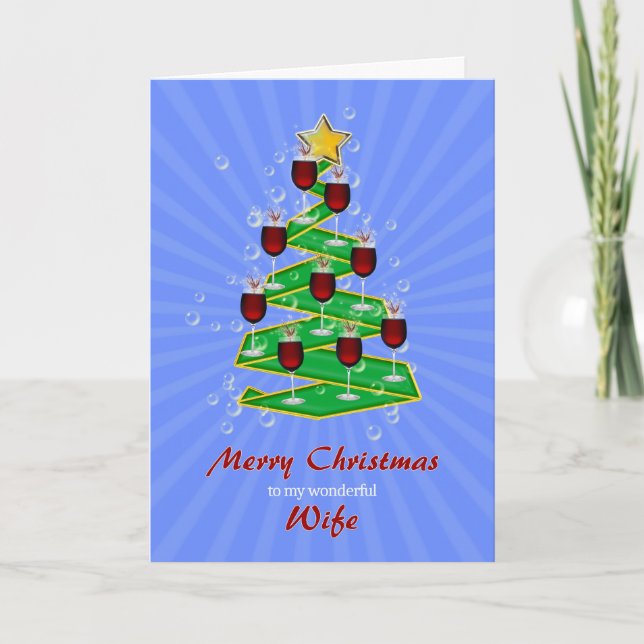 Wife, Christmas Tree with Wine Holiday Card (Front)