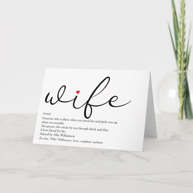 Wife Definition Elegant Script Red Love Heart Card (Front)