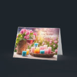 Wife Happy Birthday with Roses Wine Holiday Card<br><div class="desc">A birthday card for your wife. A bunch of colourful candles,  a glass of wine and a basket of roses with editable text on both the inside and cover. Change the font or what it says,  or leave it as is.</div>