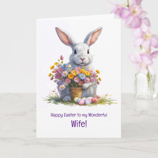 Wife Happy Easter with Cute Bnny and Flowers  Card (Orchid)