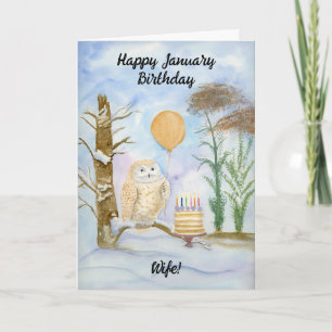Wife Happy January Birthday Owl Cake Card