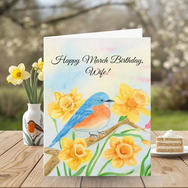 Wife Happy March Birthday Blue Bird  Card (Creator Uploaded)