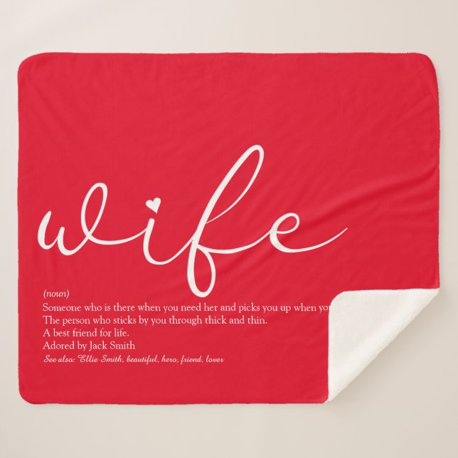 Wife Love Heart Elegant Script Red Personalised Sherpa Blanket (Front (Horizontal))