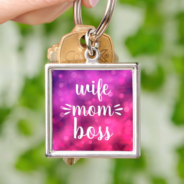Wife Mom Boss Babe Script Typography Bold Hot Pink Key Ring (Creator Uploaded)