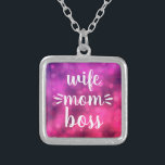 Wife Mum Boss Babe Bold Script Typography Hot Pink Silver Plated Necklace<br><div class="desc">“Wife. Mum. Boss.” You know she runs the household and keeps everyone in line. Gift her this colourful, sassy charm necklace so she can wear it with pride. With bold, white handwriting script on a purple pink bokeh background, this fun necklace will make a strong statement wherever she goes. This...</div>