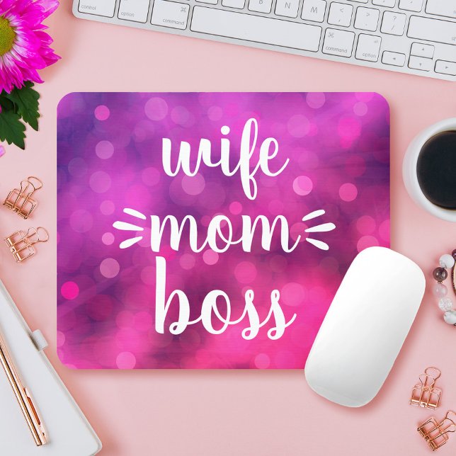 Wife Mum Boss Babe Fun Script Typography Hot Pink Mouse Pad (Creator Uploaded)