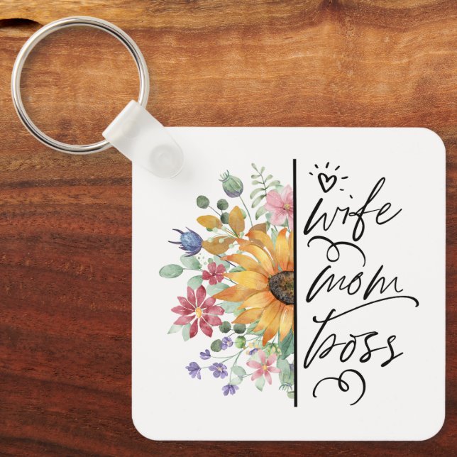 Wife Mum Boss Badass Funny Sunflower  Mother's Day Key Ring (Front)