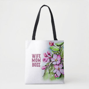 Wife Mum Boss, Pink Flowers Tote Bag