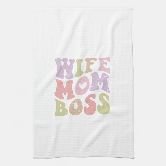 Wife Mum Boss Retro Script Mother's day  Tea Towel (Vertical)