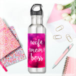 Wife Mum Boss Trendy Script Typography Hot Pink 710 Ml Water Bottle<br><div class="desc">“Wife. Mum. Boss.” You know she runs the household and keeps everyone in line. Give her the down time she deserves whenever she uses this colourful, sassy, inspirational water bottle. With bold, white handwriting script on a purple pink bokeh background, this unique stainless steel bottle will help jump start her...</div>