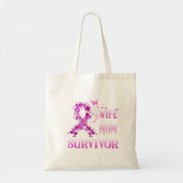 Wife Mum Survivor Breast Cancer Awareness Pink Rib Tote Bag (Front)