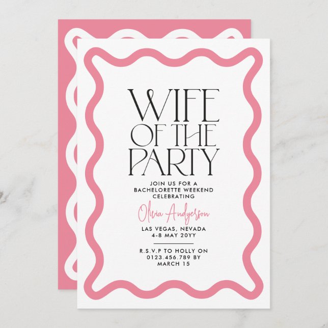 Wife of the party wavy line modern bachelorette invitation (Front/Back)