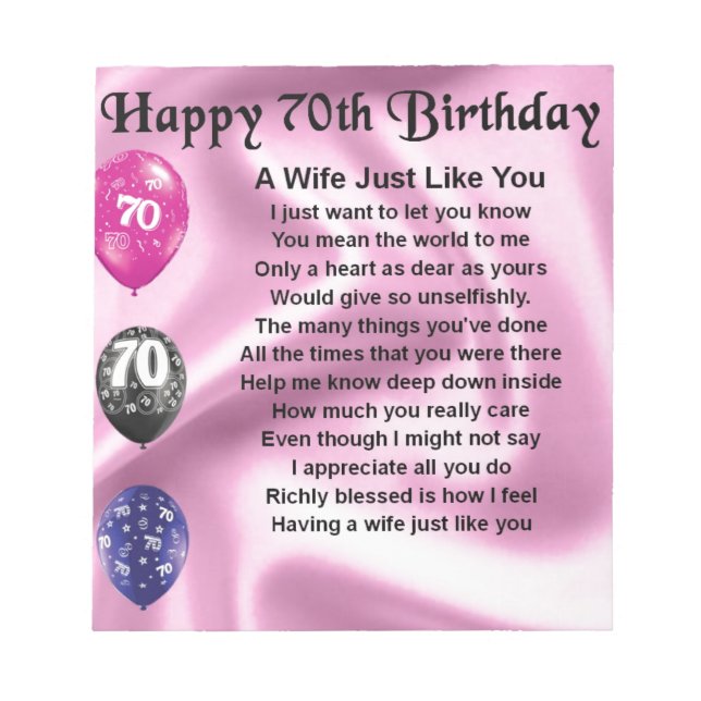 Wife Poem - 70th Birthday Notepad (Front)