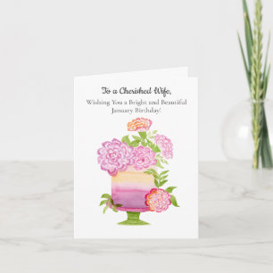 Wife Purple Carnations on January Birthday Cake Card