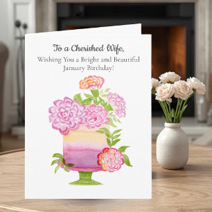 Wife Purple Carnations on January Birthday Cake Card
