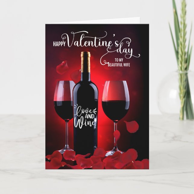 Wife Romantic Rose Petals and Wine Valentine's Day Holiday Card (Front)