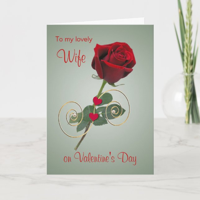 Wife Valentine's Day Red Rose and Heart Card (Front)
