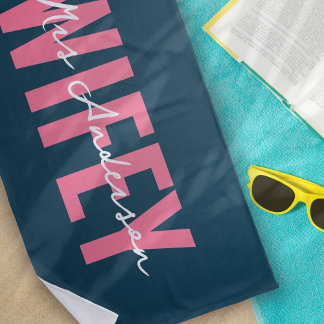 Wifey Blue Pink Monogram Script Beach Towel
