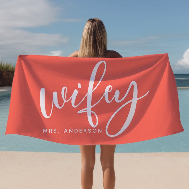 Wifey Coral And White Newlywed Bride Beach Towel (Creator Uploaded)