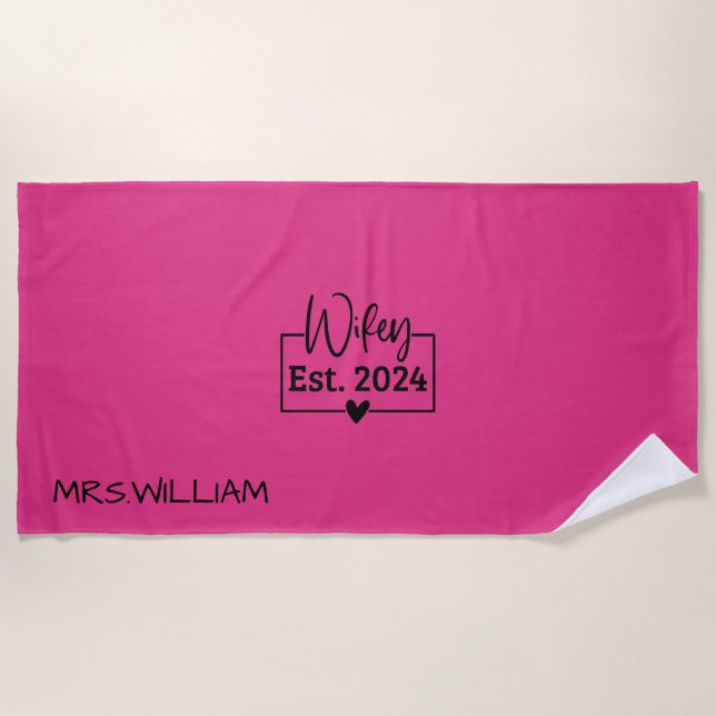 Wifey Est 2024 Black Script Newlywed Personalised Beach Towel (Front)