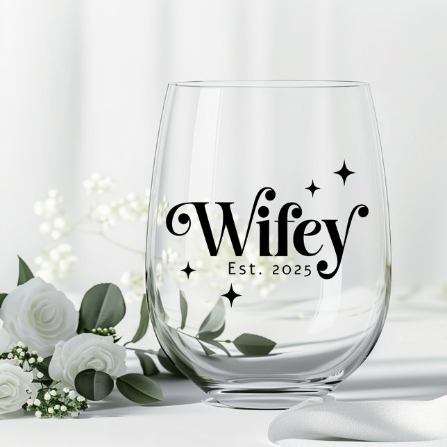 Wifey Est year any colour elegant retro font Stemless Wine Glass (Wifey Est year any color elegant retro font Stemless Wine Glass)