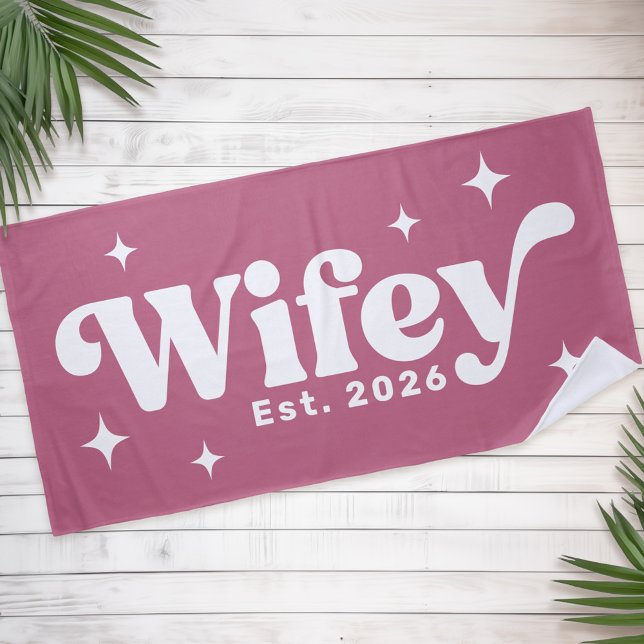 Wifey Est year or name retro font any colour Beach Towel (Wifey Est year or name retro font any color Beach Towel)