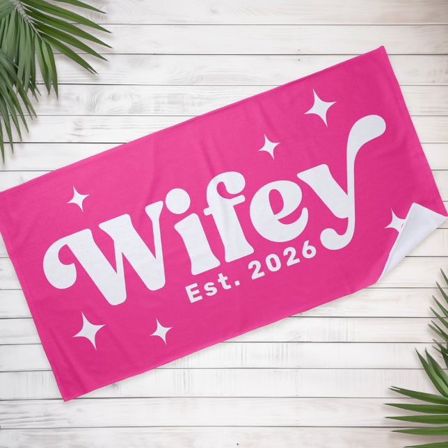 Wifey Est year or name retro font any colour Beach Towel (256576231924338505)