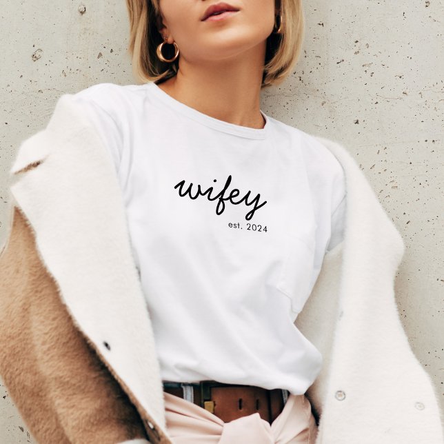 Wifey Modern Minimalist Script Personalised Bride T-Shirt (Creator Uploaded)