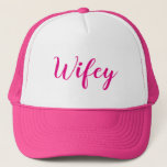 Wifey. Pink and White. Trucker Hat<br><div class="desc">Cute,  Pink and White,  "Wifey, " hat. Nice gift for a newly wed. Matching Black and White,  "Hubby, " hat also available.

https://www.zazzle.com/hubby_black_and_white_trucker_hat-148340257032118617</div>